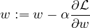 \[  w := w - \alpha \frac{\partial \mathcal{L}}{\partial w} \]