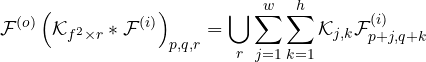 \begin{equation*}\centering\mathcal{F}^{(o)}\left({\mathcal{K}_{f^2\times r}}*\mathcal{F}^{(i)}\right)_{p,q,r}=\bigcup _{r}\sum _{j=1}^{w}\sum _{k=1}^{h}\mathcal{K}_{j,k}\mathcal{F}^{(i)}_{p+j,q+k}\end{equation*}