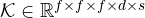 \mathcal{K}\in\mathbb{R}^{f\times f\times f\times d\times s}