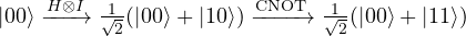 |00\rangle \xrightarrow{H \otimes I} \frac{1}{\sqrt{2}}(|00\rangle + |10\rangle)\xrightarrow{\text{CNOT}}\frac{1}{\sqrt{2}}(|00\rangle + |11\rangle)