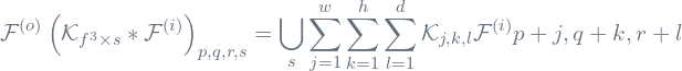 \begin{equation*}\centering\mathcal{F}^{(o)}\left({\mathcal{K}_{f^3\times s}}*\mathcal{F}^{(i)}\right)_{p,q,r,s}=\bigcup_{s}\sum _{j=1}^{w}\sum_{k=1}^{h}\sum _{l=1}^{d}\mathcal{K}_{j,k,l}\mathcal{F}^{(i)}{p+j,q+k,r+l}\end{equation*}